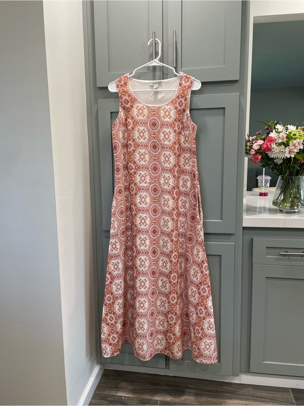 Coldwater Creek linen Coral and White Printed Sleeveless Maxi Dress